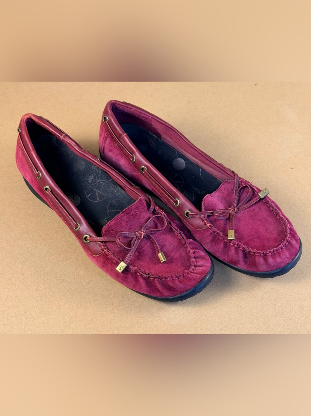Vionic Women's Burgundy Suede Moccasins with Gold Accents
